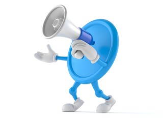 Button character speaking through a megaphone