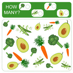 Educational counting math game for preschool children. Count the number of avocados, peas, carrots and broccoli in the picture and write down the result