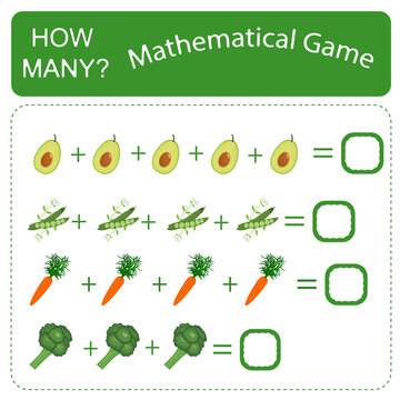 Educational counting math game for preschool children. Count the number of avocados, peas, carrots and broccoli in the picture and write down the result