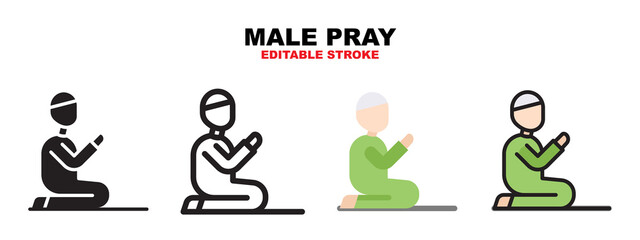 Male pray icon set with different styles. Icons designed in filled, outline, flat, glyph and line colored. Editable stroke and pixel perfect. Can be used for web, mobile, ui and more.