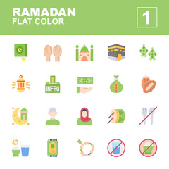 Icon set Ramadan made with flat color technique, contains a quran, mosque, pray, kaaba, allowance, zakat, muslim human, dates fruit, infaq, fasting and more. You can be used for web, mobile and ui.