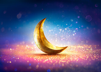Plakat Ramadan Kareem - Moon On Shiny Glitter With Abstract Defocused Lights