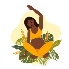 african woman and nature elements. yoga pregnant women concept. Relax, meditation for the expectant mother. vector illustration