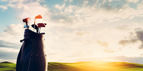 Golf clubs in bag at golf course resort