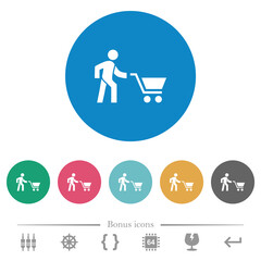 Shopping person with cart flat round icons