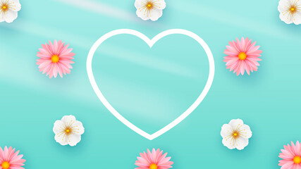 Delicate Spring Flowers Light Background. Heart Shape. Minimalistic Composition Template for poster, holiday cards. Vector i