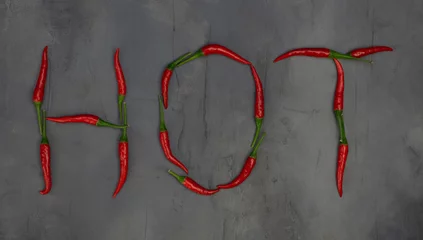 Fotobehang Word HOT made of Chili pepers isolated on gray stone background. Top view. © Mihai