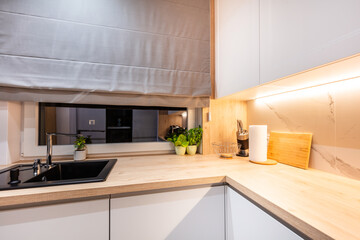 Kitchen in a modern small apartment for rent.