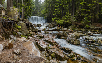 Wild Waterfall "Dziki Wodospad" next to mountain trail in Giant Mountains