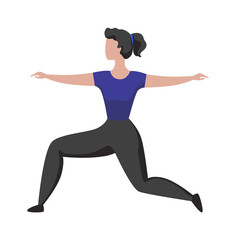 Sport activity. Woman doing exercises. Athletic female training. Character standing in yoga asana. Fitness and Pilates workout. Active lifestyle. Vector girl performing gymnastic pose