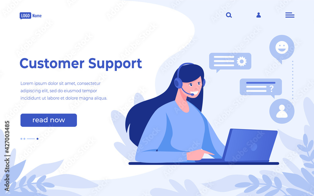 Poster Customer support landing page. Call center website design. Online assistance and feedback for clients. Female operator solving problems or answering questions. Vector interface mockup