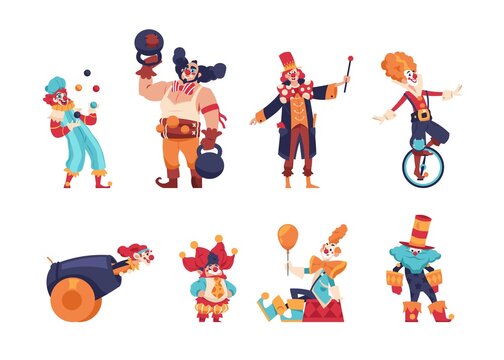 Clowns. Cartoon jokers and jesters comedians with funny faces. Circus artists performing tricks. Jugglers entertaining children at birthday parties and carnival shows. Vector actors set
