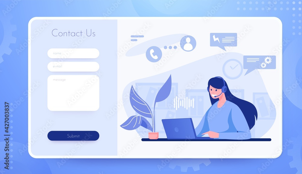 Poster Contact us landing page. Customer support website interface. Mailbox for sending web messages to helpdesk. Online assistance form template. Vector communication of client with consultant