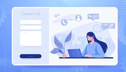 Contact us landing page. Customer support website interface. Mailbox for sending web messages to helpdesk. Online assistance form template. Vector communication of client with consultant