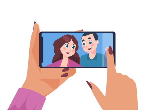 Couple selfie. Happy man and woman taking pictures on smartphone. Cartoon people posing together and shooting photography on phone. Vector female holding device and looking at photos