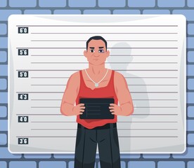 Mugshot. Arrested male criminal suspect holding board with name. Convict bandit. Photography of killer or prisoner against background of wall with markings of height. Vector gangster
