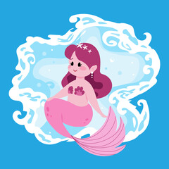 Cute fairy mermaid. Little girl with pink fish tail. Cartoon marine princess and ocean waves. Funny mythological water nymph. Happy young seamaid. Vector fictional underwater character