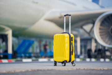 Traveler suitcase on airport and the plane blurred background, Summer vacation and travel concept.