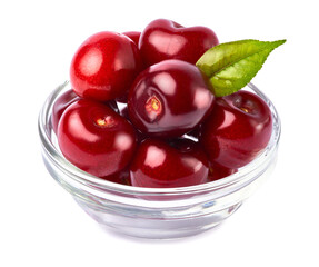 glass bowl of sweet cherry fruits isolated on white background