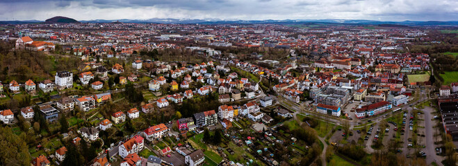 Aerial view of the city Fulda in Germany, Hesse on a cloudy day in early spring.