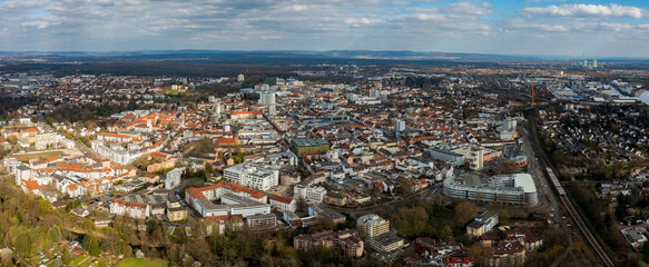 Aerial view of the city Hanau in Germany, hesse on an early spring day