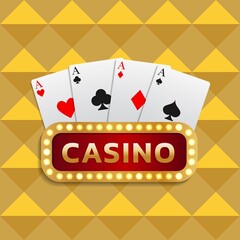 Inscription casino signboard combined with a combination of cards of four aces. Can be used as a logo, banner. Vector illustration on a yellow background.