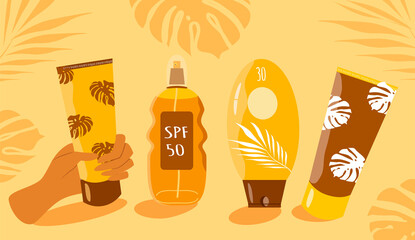 vector flat illustration - sun protection set. Hand-drawn sun protection creme, spray, lotion. Trendy isolated elements on a yellow background. monstera leaves and summer skin care cosmetic products