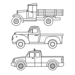 Set of linear icons of old trucks for printing. Vector illustration