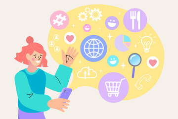 Young woman using mobile phone for shopping online. Woman doing online shopping. Happy customer sitting with shopping bags around him. Vector EPS10.