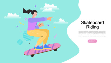 Happy cute young skater woman riding on her skateboard. Women day card. Urban citizen character vector illustration.