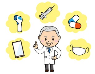 おじいさん03_03（白衣を着た笑顔のお医者さんが治療・診療などについて説明している様子）