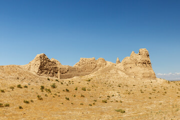 Ruins of an ancient city Sawran or Sauran in Southern Kazakhstan. The destroyed fortress wall.