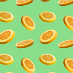 Seamless pattern of sliced flying lemon orange on light green background. Cut lemon orange in...