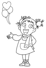 風船,女の子、線画