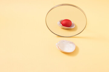 Shell transformation in the mirror, yellow background and red egg
