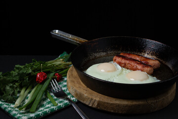 Scrambled eggs on a dark background. Fried eggs with fried sausages. Tasty breakfast. Unhealthy food.