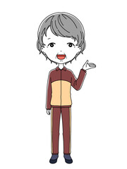 案内をするジャージ姿のおばあちゃんの全身イラスト