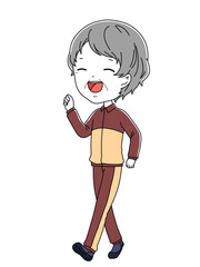 笑顔でウォーキングをしているジャージ姿のおばあちゃんの全身イラスト
