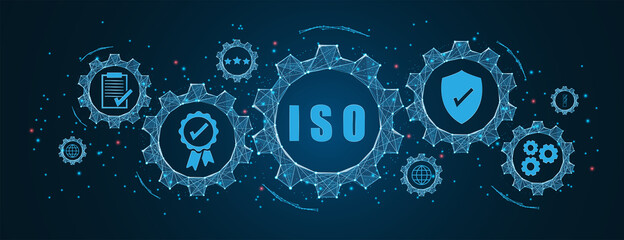 Abstract ISO standards quality control concept, assurance warranty in dark background. Cogs and gear wheel mechanisms concept. wireframe low polygonal blue mesh with dots, lines, and shapes. - obrazy, fototapety, plakaty
