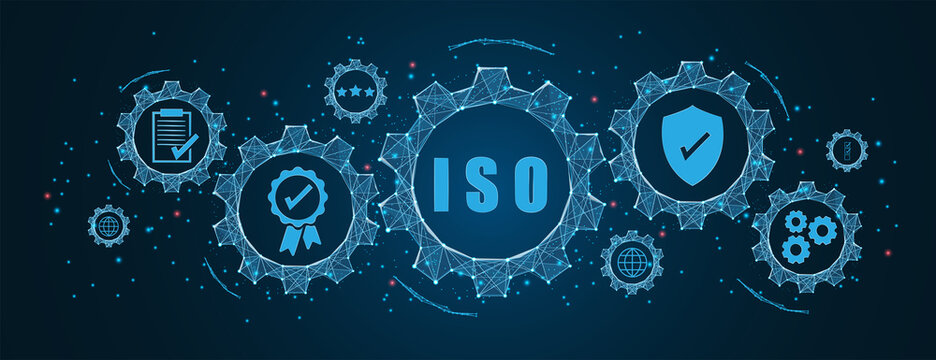 Abstract ISO Standards Quality Control Concept, Assurance Warranty In Dark Background. Cogs And Gear Wheel Mechanisms Concept. Wireframe Low Polygonal Blue Mesh With Dots, Lines, And Shapes.