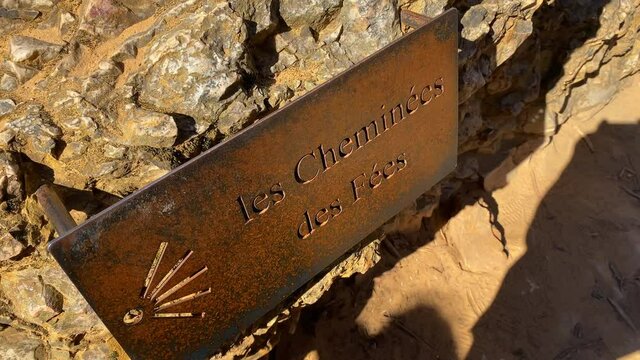 Signboard of the belvedere on the hoodoos of "les Chemin&eacute;es de f&eacute;es" ("chimneys of the fairies" in French) in Colorado Provencal, an old ocher quarry in Rustrel France