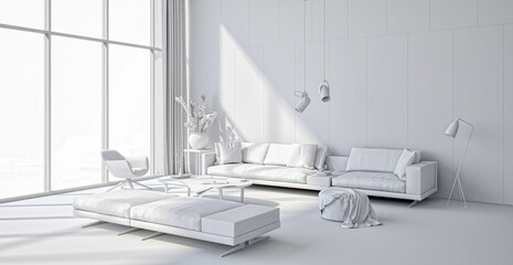 Illustration 3D rendering large luxury modern bright interiors Living room mockup computer digitally generated image
