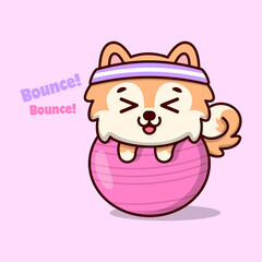 CUTE BROWN PUPPY ARE PLAYING WITH A PINK GYM BALL AND FEELING HAPPY CARTOON ILLUSTRATION.