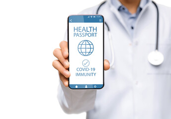 Doctor showing smartphone with Immune digital passport for covid-19