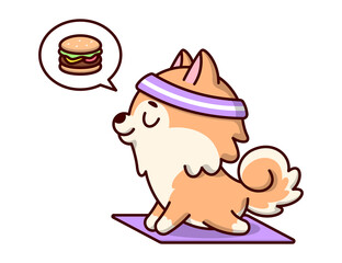 CUTE BROWN PUPPY ARE THINKING A BURGER WHILE DOING YOGA POSITION.