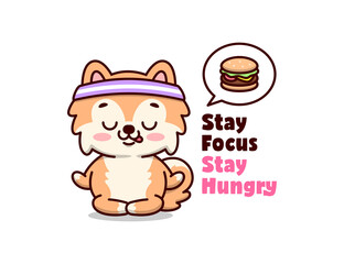 CUTE BROWN PUPPY ARE THINKING A DELICIOUS BURGER WHILE DOING YOGA