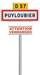 Panneau de signalisation routière, départementale 57, ville de Puyloubier, attention vendanges 