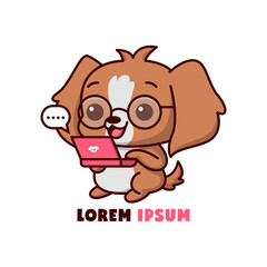 CUTE BROWN PUPPY WEARING GLASSES IS CHATTING USING HIS LAPTOP CARTOON ILLUSTRATION