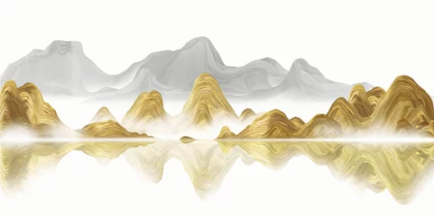 Tuinposter Bergen Hand painted Chinese style golden Abstract landscape painting