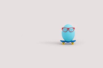 Funny Easter concept with blue egg wearing eyeglasses and riding skateboard